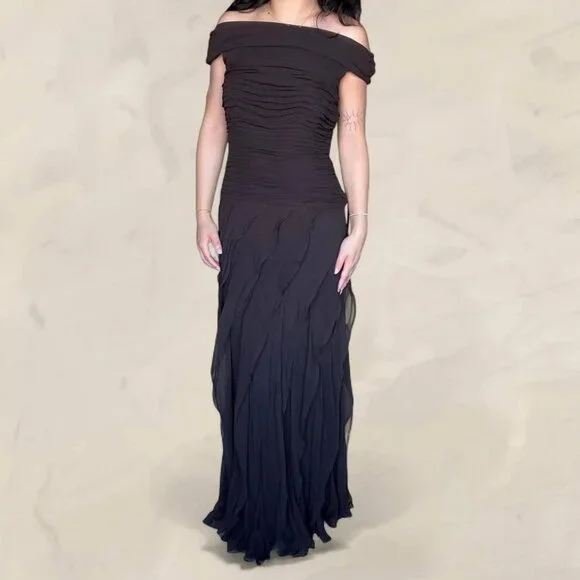 Tadashi Shoji silk chiffon flutter maxi dress evening gown off shoulder formal - Picture 1 of 8